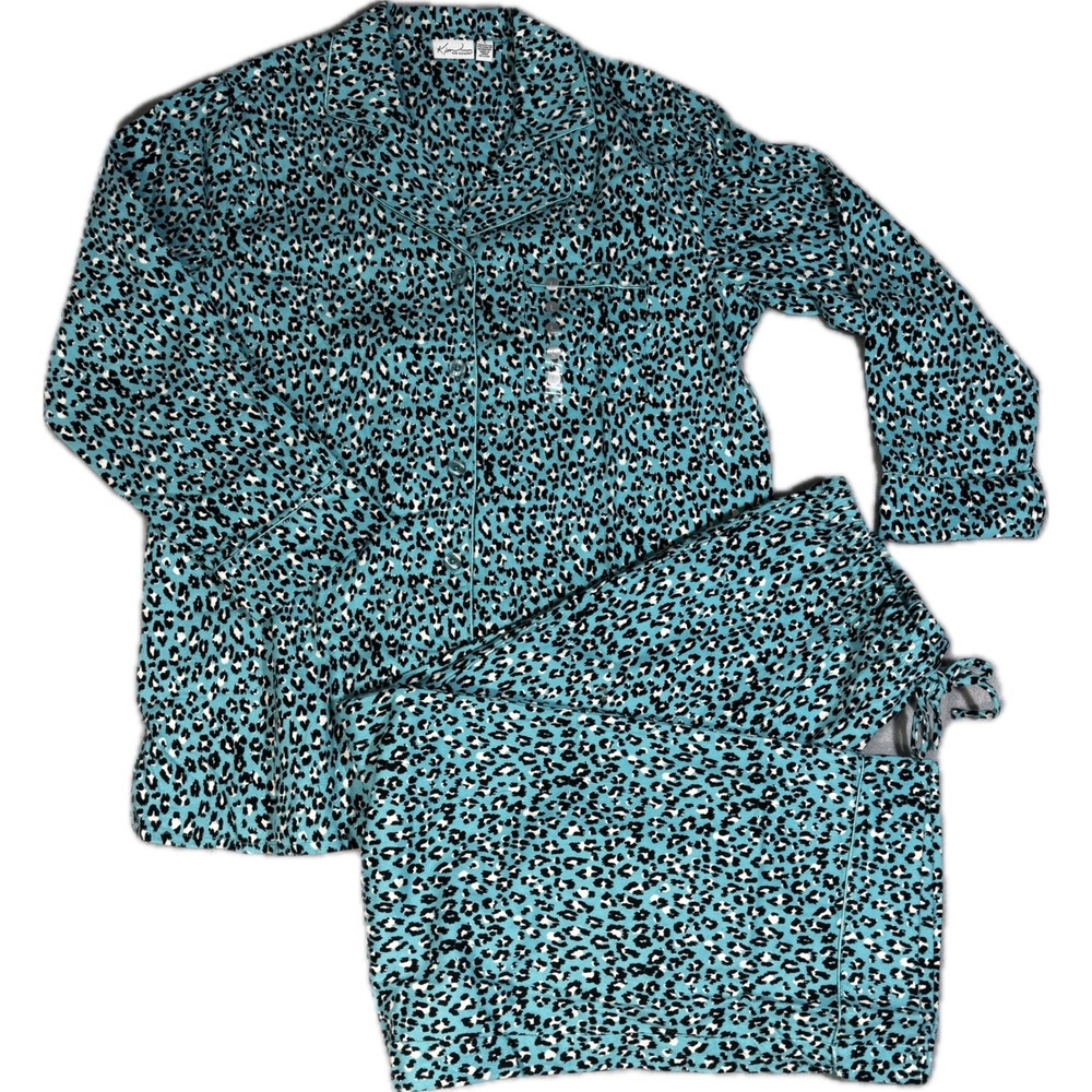 Kim Rogers Intimates Teal Leopard Print Pajama Set Cotton Button Down Mens‎ L